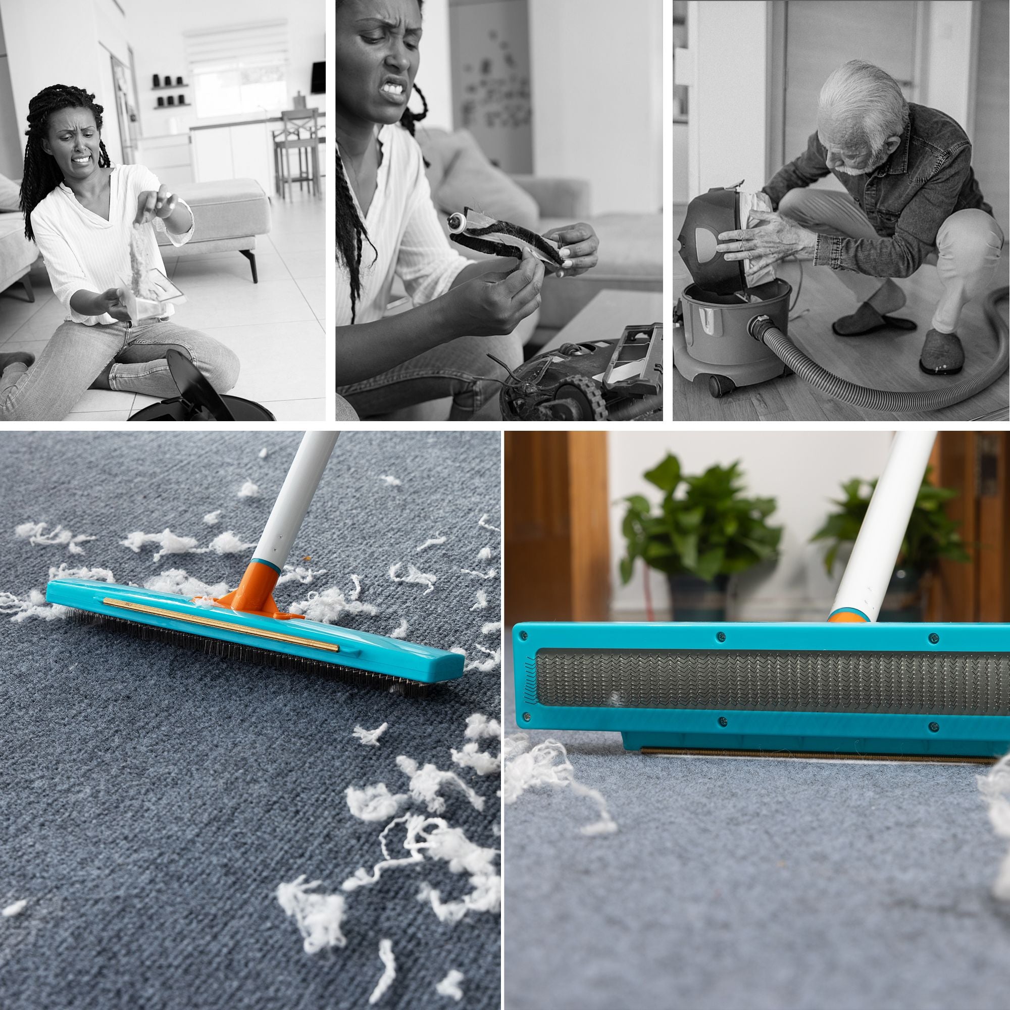 Using the Jollax Carpet Rake to pull out trapped debris before vacuuming and prevent vacuum clogs.