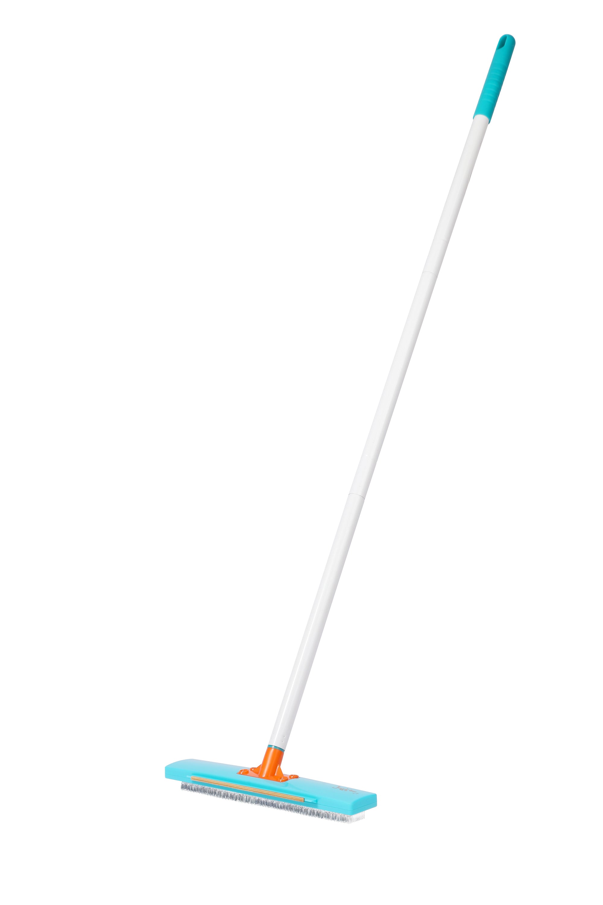 Jolllax carpet rake full-length image showing metal brush and brass scraper design