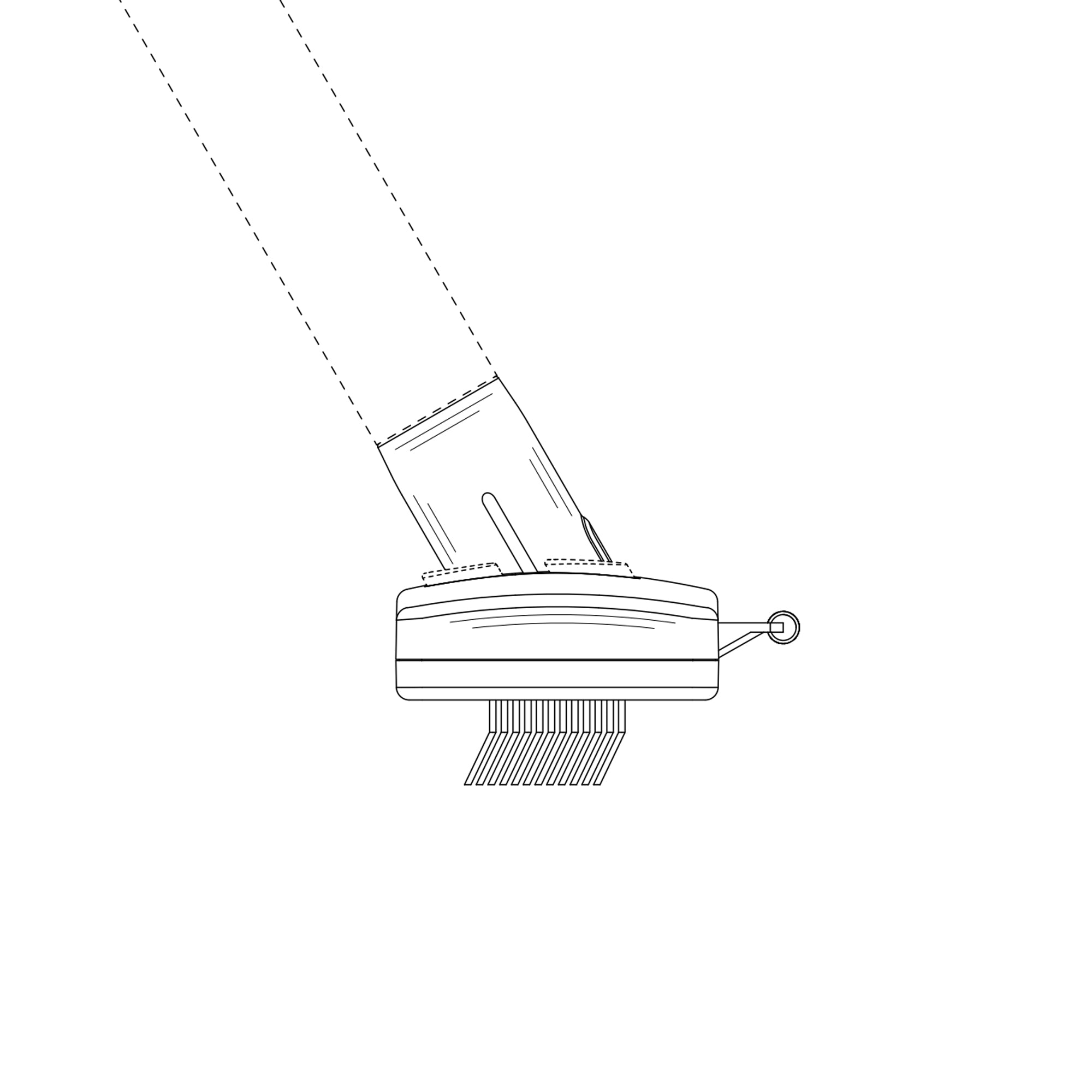 Side-view sketch of the Jolllax 2-in-1 Carpet Rake head showing the steel pin brush layer for deep cleaning.