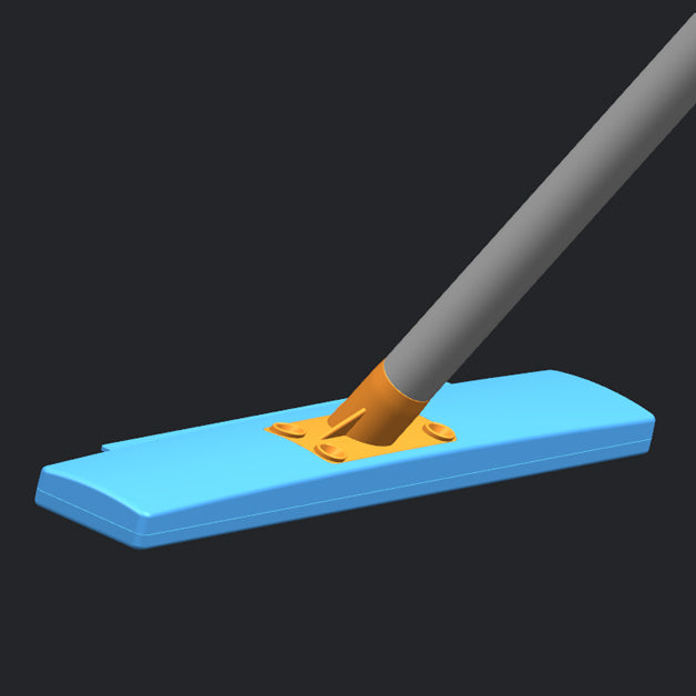 3D rendering of the Jolllax Carpet Rake in use, highlighting the brass scraper plate and steel pin brush working together.
