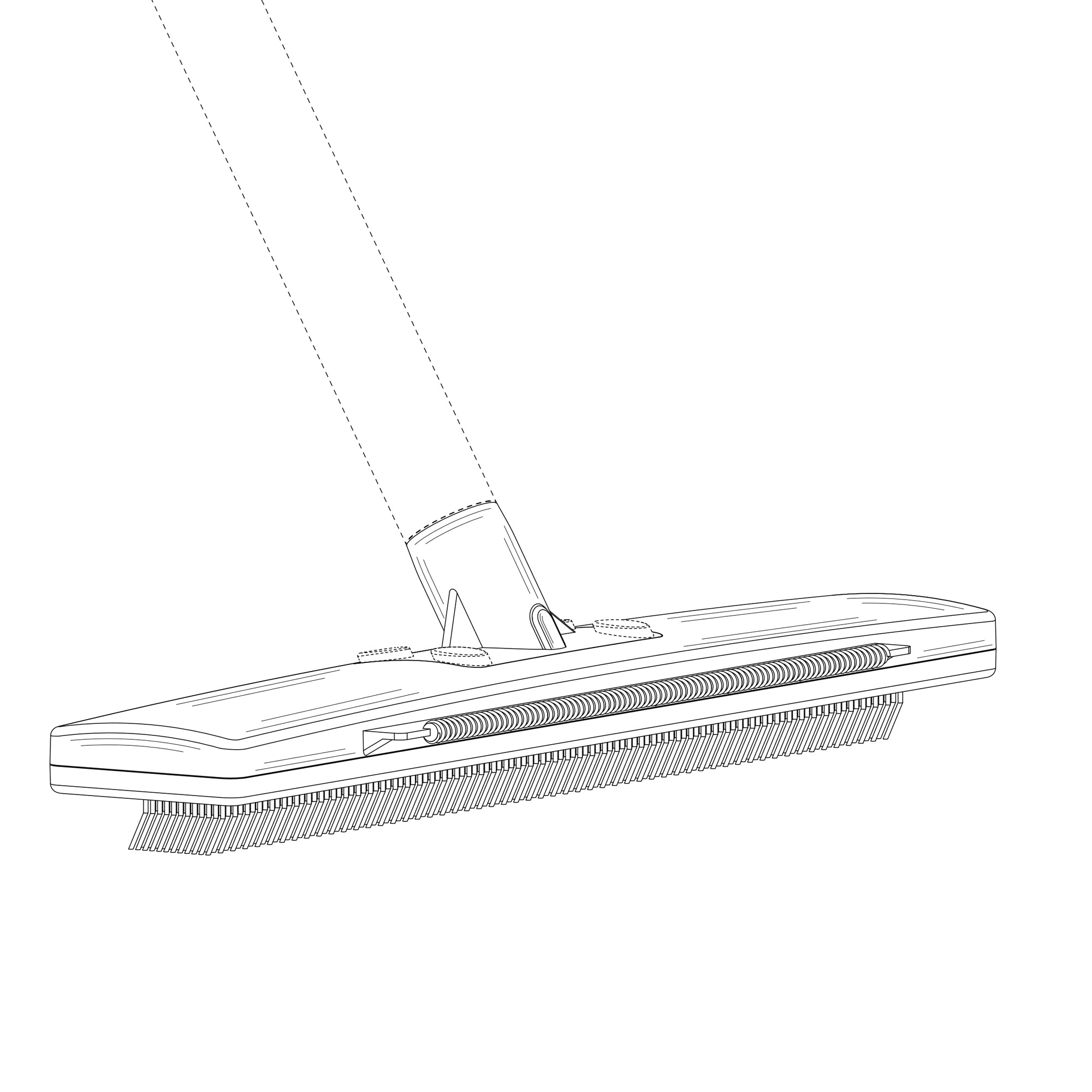 Angled sketch of the Jolllax Carpet Rake head illustrating the brass scraper edge and metal brushing layer.